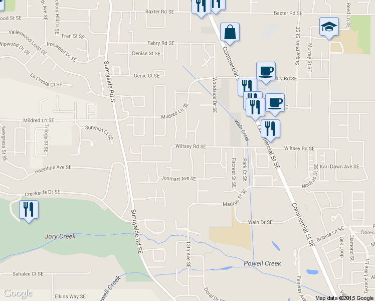 map of restaurants, bars, coffee shops, grocery stores, and more near 5898 Flairstone Court Southeast in Salem