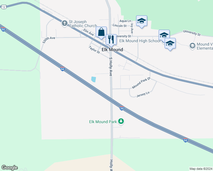 map of restaurants, bars, coffee shops, grocery stores, and more near 220S Holly Avenue in Elk Mound