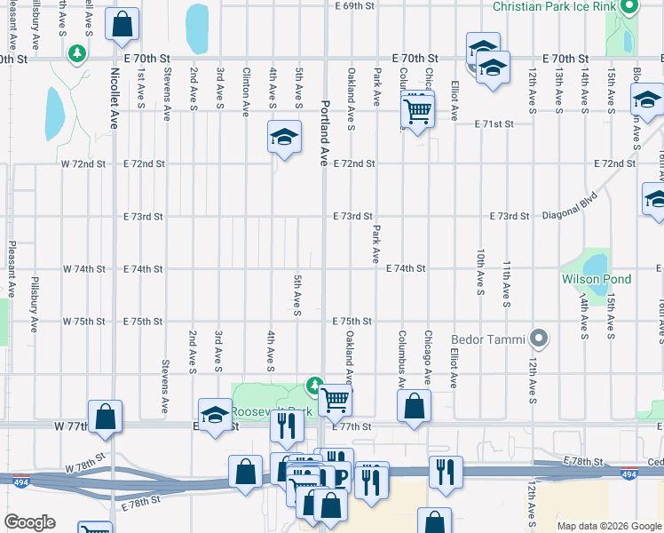 map of restaurants, bars, coffee shops, grocery stores, and more near 7338 Oakland Avenue South in Minneapolis