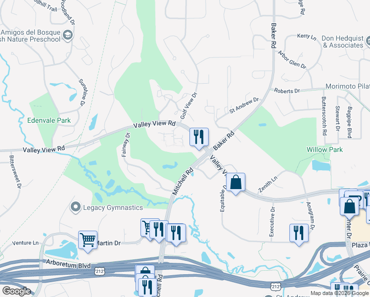 map of restaurants, bars, coffee shops, grocery stores, and more near 14199 Valley View Road in Eden Prairie
