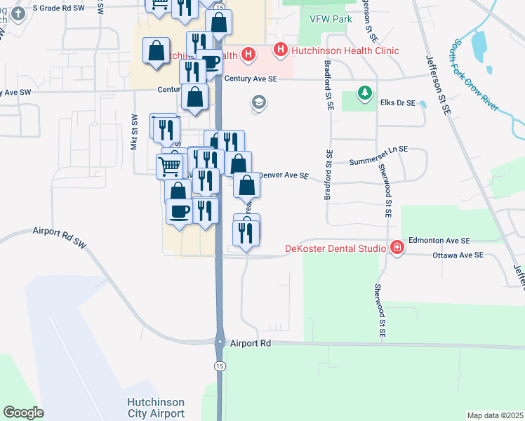 map of restaurants, bars, coffee shops, grocery stores, and more near 72 Denver Avenue Southeast in Hutchinson