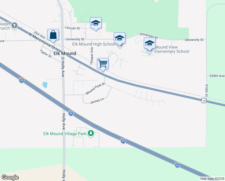 map of restaurants, bars, coffee shops, grocery stores, and more near 105 Jersey Lane in Elk Mound