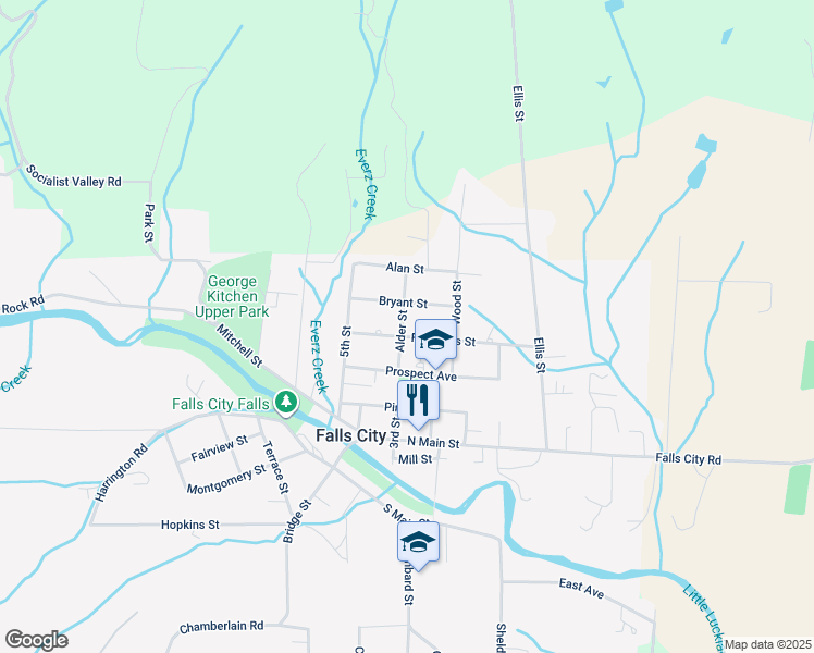 map of restaurants, bars, coffee shops, grocery stores, and more near 559 Bryant Street in Falls City