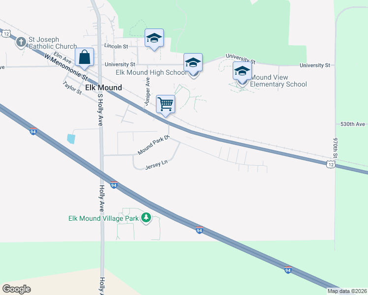 map of restaurants, bars, coffee shops, grocery stores, and more near 105 Jersey Lane in Elk Mound
