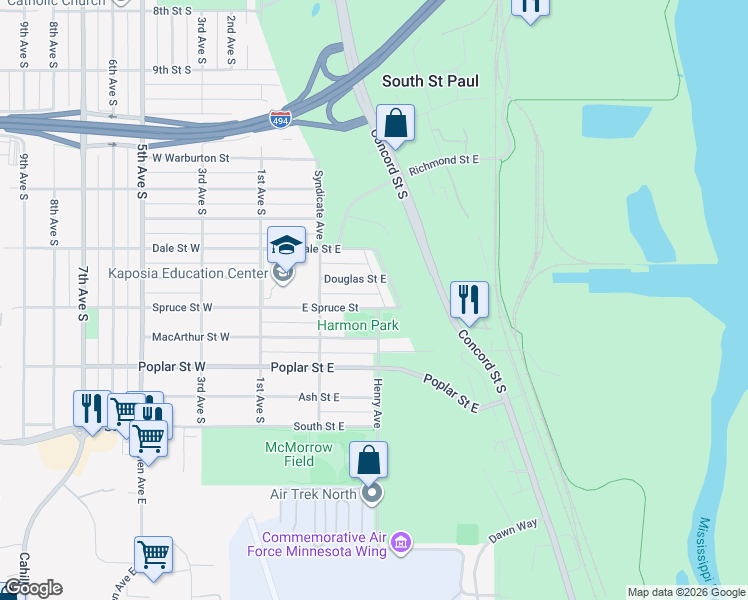 map of restaurants, bars, coffee shops, grocery stores, and more near 252 Douglas Street East in South Saint Paul