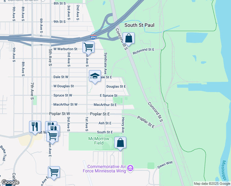 map of restaurants, bars, coffee shops, grocery stores, and more near 216 West Douglas Street in South Saint Paul