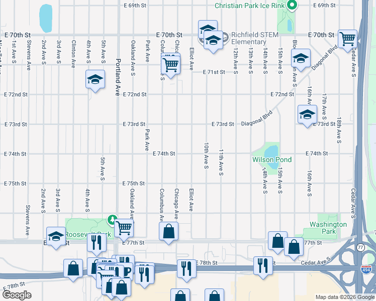 map of restaurants, bars, coffee shops, grocery stores, and more near 7339 Chicago Avenue in Richfield