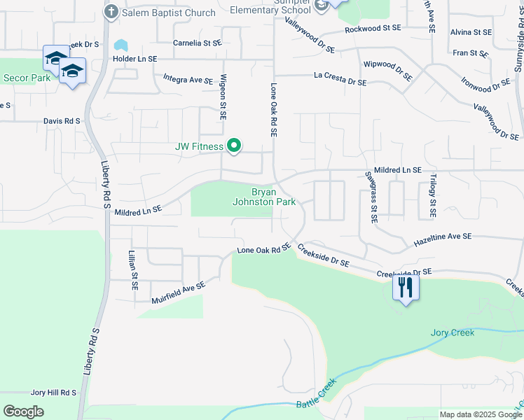 map of restaurants, bars, coffee shops, grocery stores, and more near 400 Mildred Lane Southeast in Salem