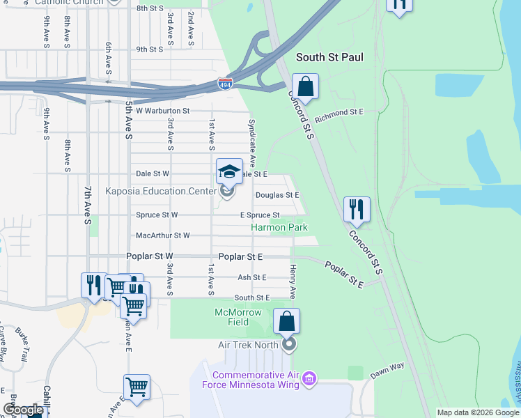 map of restaurants, bars, coffee shops, grocery stores, and more near 216 West Douglas Street in South Saint Paul
