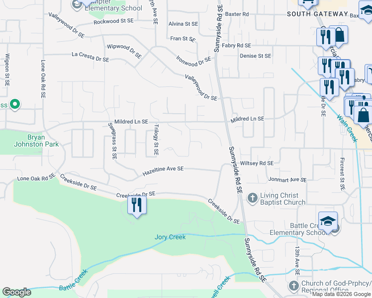 map of restaurants, bars, coffee shops, grocery stores, and more near 5935 Smoketree Drive Southeast in Salem