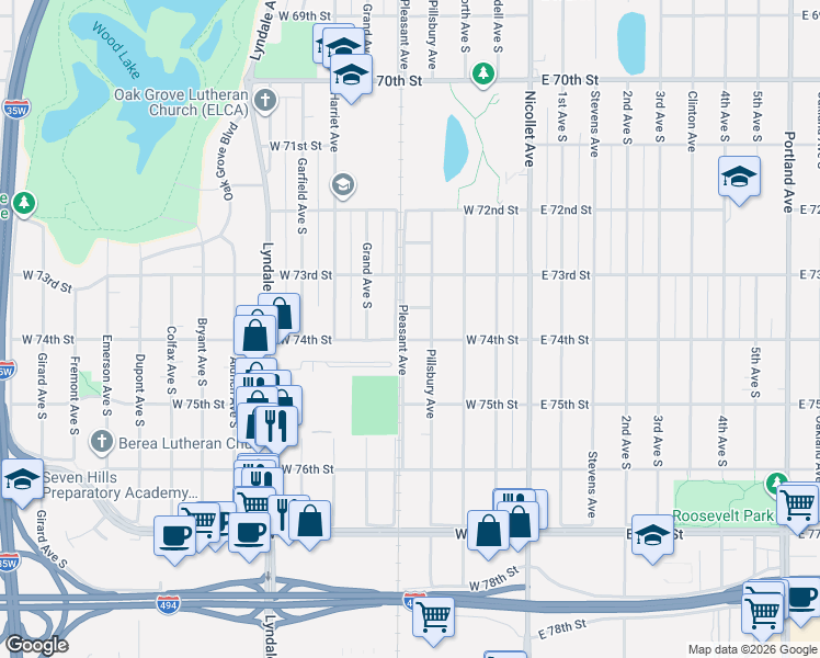 map of restaurants, bars, coffee shops, grocery stores, and more near 7338 Pleasant Avenue in Minneapolis