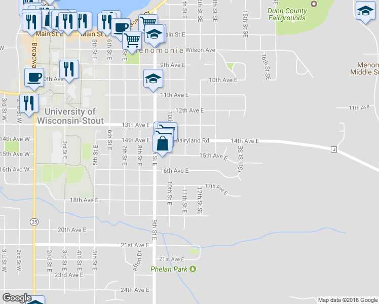 map of restaurants, bars, coffee shops, grocery stores, and more near 1422 11th Street East in Menomonie