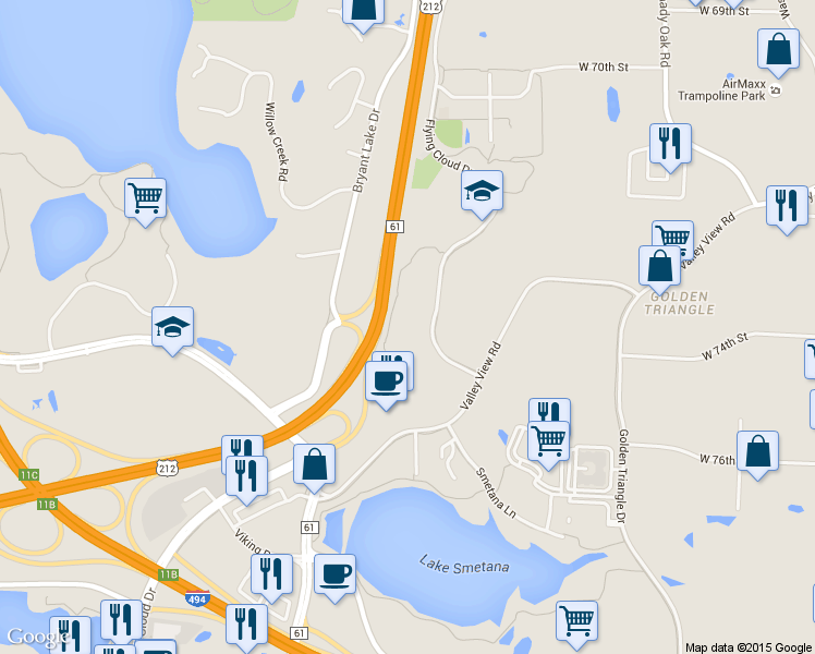 map of restaurants, bars, coffee shops, grocery stores, and more near 7450 Flying Cloud Drive in Eden Prairie