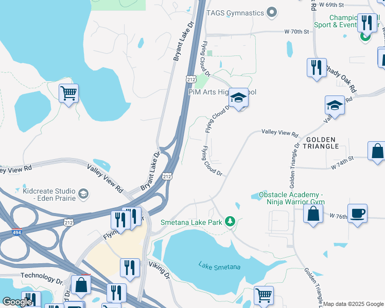 map of restaurants, bars, coffee shops, grocery stores, and more near 7450 Flying Cloud Drive in Eden Prairie