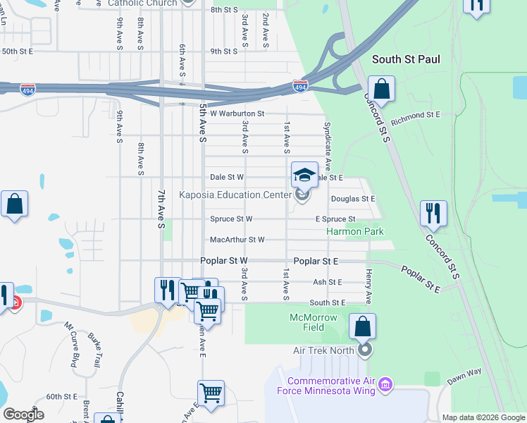 map of restaurants, bars, coffee shops, grocery stores, and more near 126 Spruce Street West in South Saint Paul