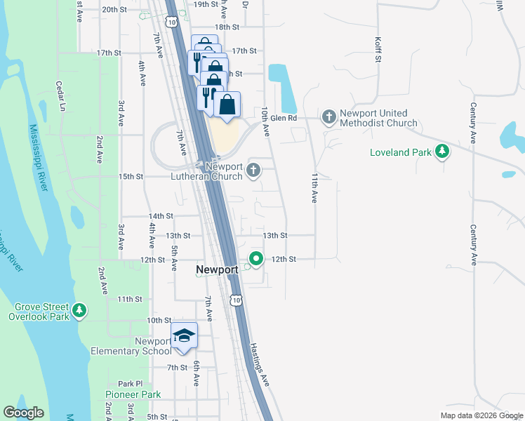 map of restaurants, bars, coffee shops, grocery stores, and more near 1421 10th Avenue in Newport