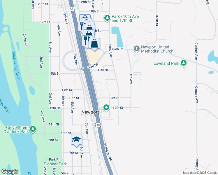 map of restaurants, bars, coffee shops, grocery stores, and more near 1421 10th Avenue in Newport