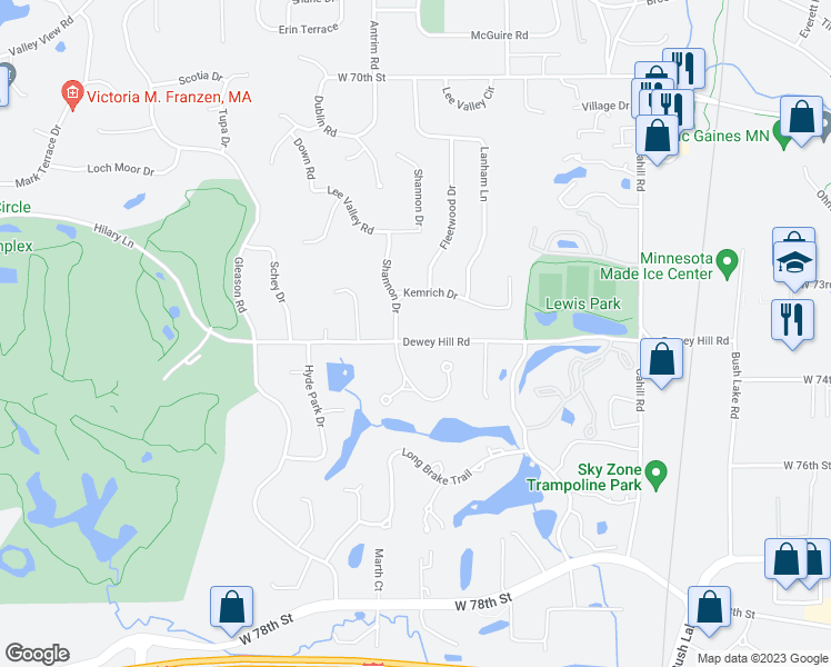 map of restaurants, bars, coffee shops, grocery stores, and more near 5816 Dewey Hill Road in Edina