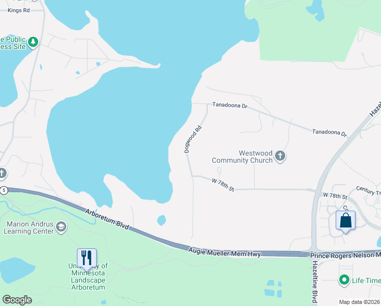 map of restaurants, bars, coffee shops, grocery stores, and more near 7481 Dogwood Road in Excelsior