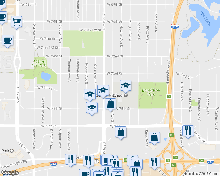 map of restaurants, bars, coffee shops, grocery stores, and more near 7338 Oliver Avenue South in Minneapolis