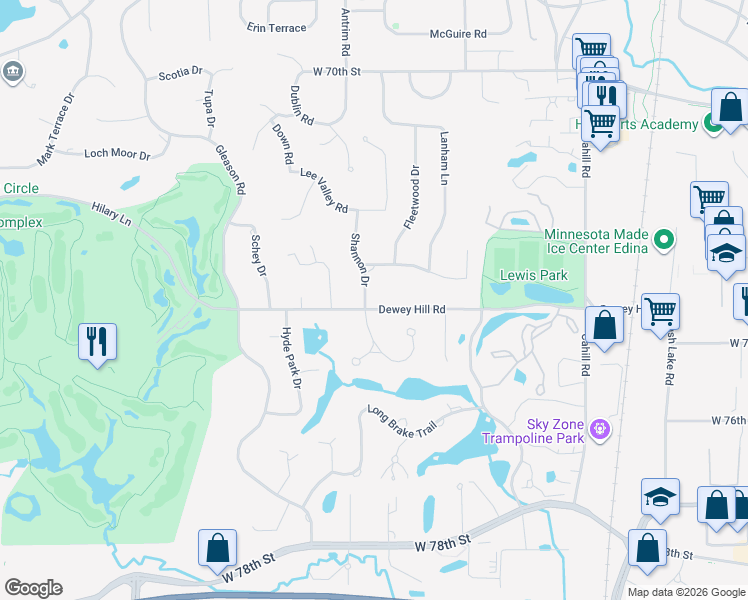 map of restaurants, bars, coffee shops, grocery stores, and more near 5816 Dewey Hill Road in Edina
