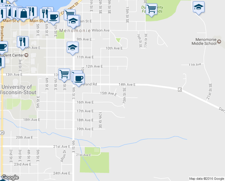 map of restaurants, bars, coffee shops, grocery stores, and more near 1303 15th Avenue East in Menomonie