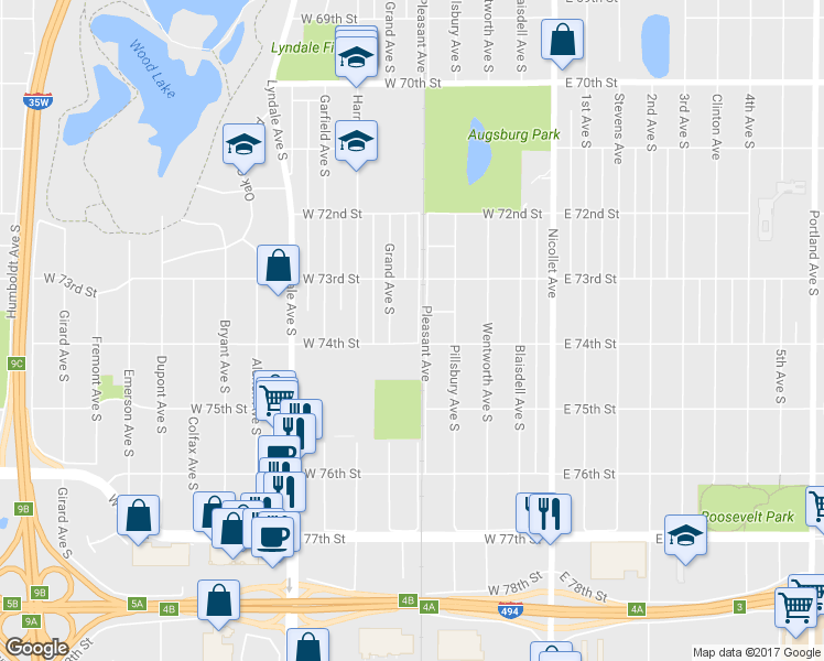 map of restaurants, bars, coffee shops, grocery stores, and more near 7338 Pleasant Avenue in Minneapolis