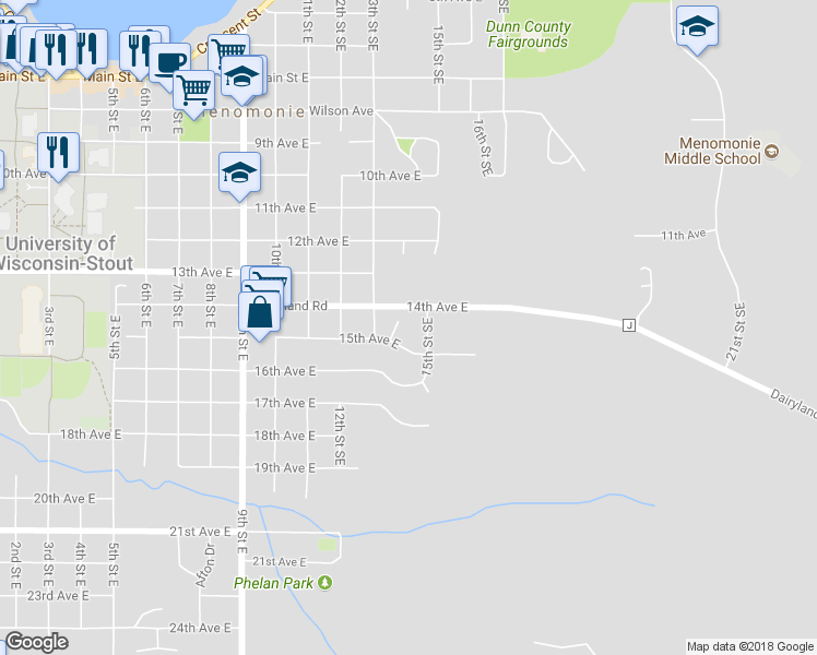 map of restaurants, bars, coffee shops, grocery stores, and more near 1315 15th Avenue East in Menomonie