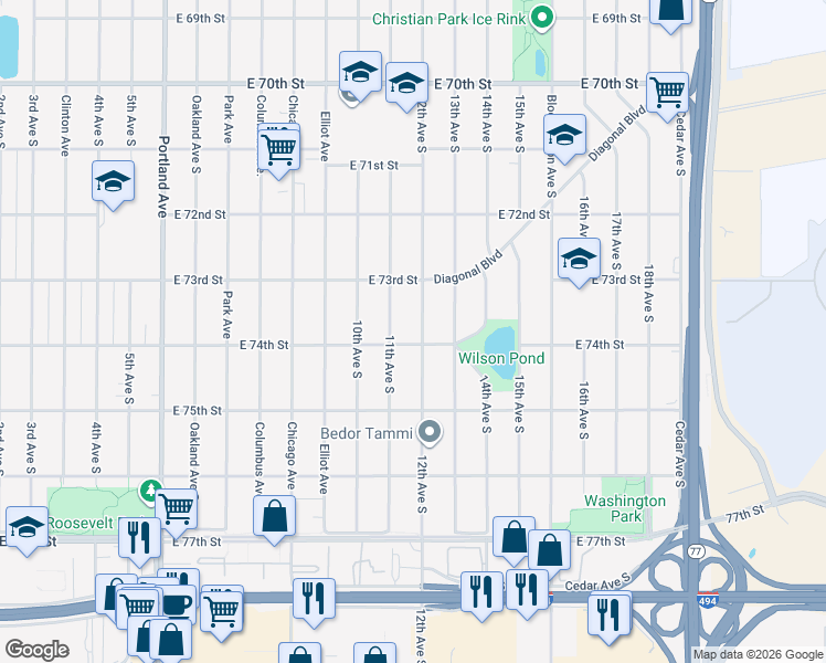 map of restaurants, bars, coffee shops, grocery stores, and more near 7339 12th Avenue South in Minneapolis