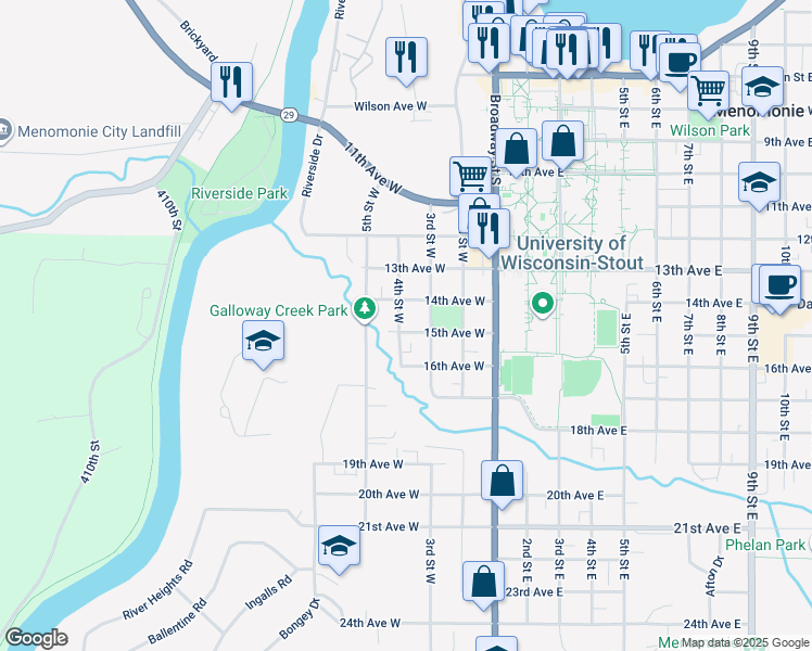 map of restaurants, bars, coffee shops, grocery stores, and more near 319 15th Avenue West in Menomonie