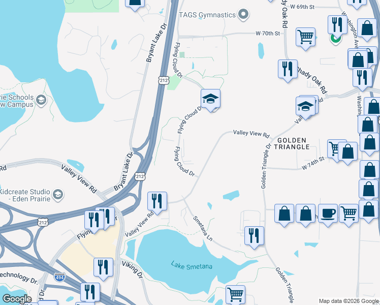 map of restaurants, bars, coffee shops, grocery stores, and more near 7475 Flying Cloud Drive in Eden Prairie
