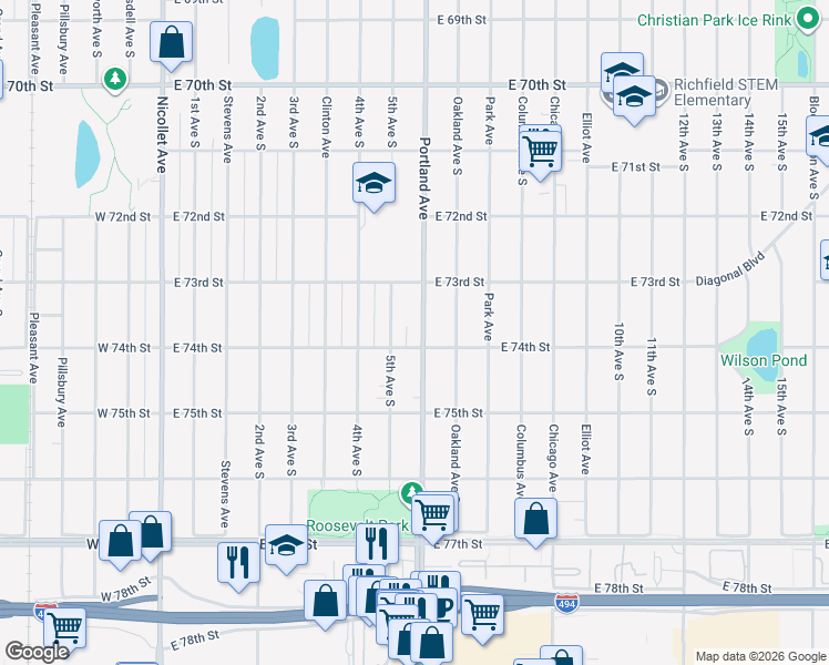 map of restaurants, bars, coffee shops, grocery stores, and more near 7336 Portland Avenue in Minneapolis