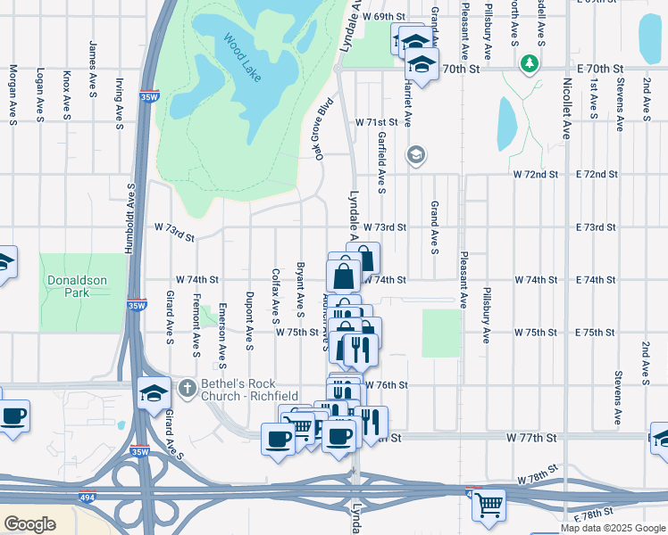map of restaurants, bars, coffee shops, grocery stores, and more near 7337 Aldrich Avenue South in Minneapolis
