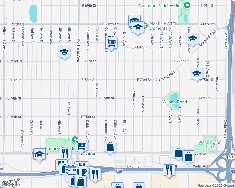 map of restaurants, bars, coffee shops, grocery stores, and more near 7339 Chicago Avenue in Richfield