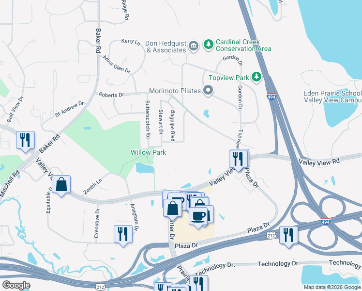 map of restaurants, bars, coffee shops, grocery stores, and more near 7445 Scot Terrace in Eden Prairie