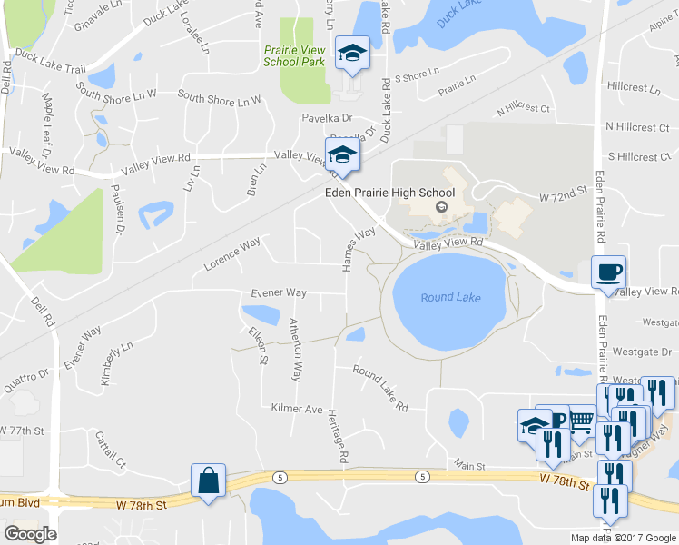 map of restaurants, bars, coffee shops, grocery stores, and more near 7394 Hames Way in Eden Prairie