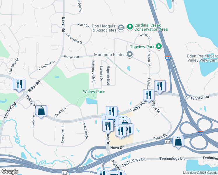 map of restaurants, bars, coffee shops, grocery stores, and more near 7445 Scot Terrace in Eden Prairie