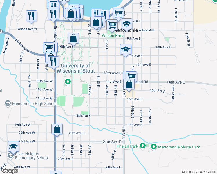 map of restaurants, bars, coffee shops, grocery stores, and more near 1414 7th Street East in Menomonie