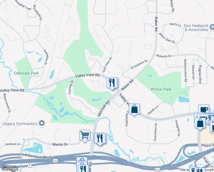 map of restaurants, bars, coffee shops, grocery stores, and more near 14199 Valley View Road in Eden Prairie