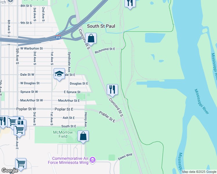 map of restaurants, bars, coffee shops, grocery stores, and more near 1301 Concord Street South in South Saint Paul