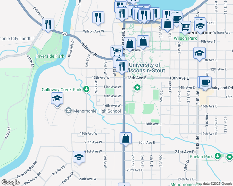 map of restaurants, bars, coffee shops, grocery stores, and more near 1420 2nd Street West in Menomonie