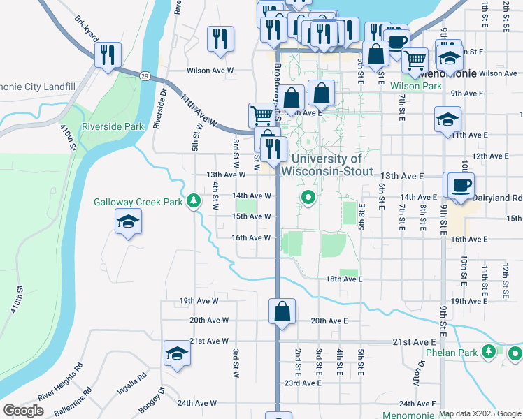 map of restaurants, bars, coffee shops, grocery stores, and more near 1420 2nd Street West in Menomonie