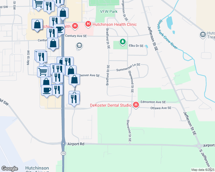 map of restaurants, bars, coffee shops, grocery stores, and more near 1372 Bradford Street Southeast in Hutchinson