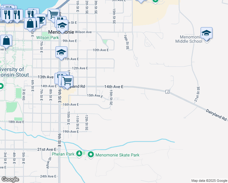 map of restaurants, bars, coffee shops, grocery stores, and more near 1401-1499 15th Street Southeast in Menomonie