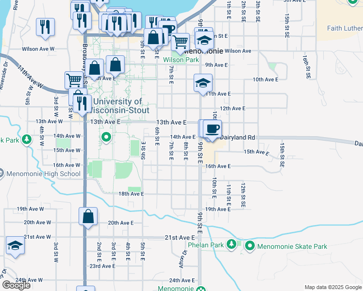 map of restaurants, bars, coffee shops, grocery stores, and more near 1414 7th Street East in Menomonie