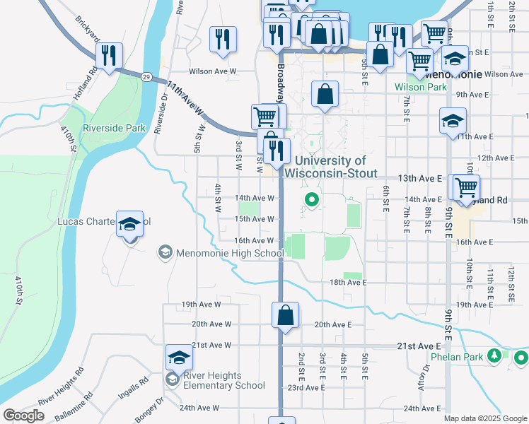 map of restaurants, bars, coffee shops, grocery stores, and more near 1420 2nd Street West in Menomonie