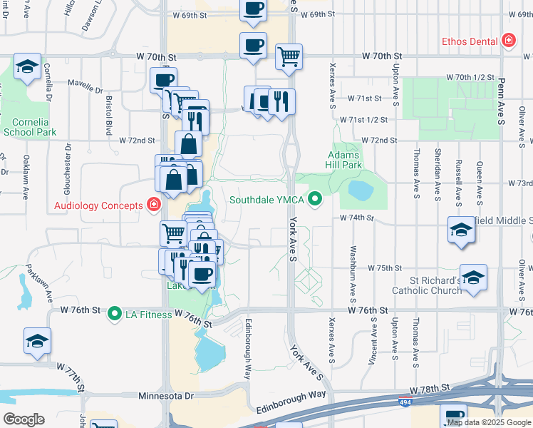 map of restaurants, bars, coffee shops, grocery stores, and more near 7340 York Avenue South in Minneapolis