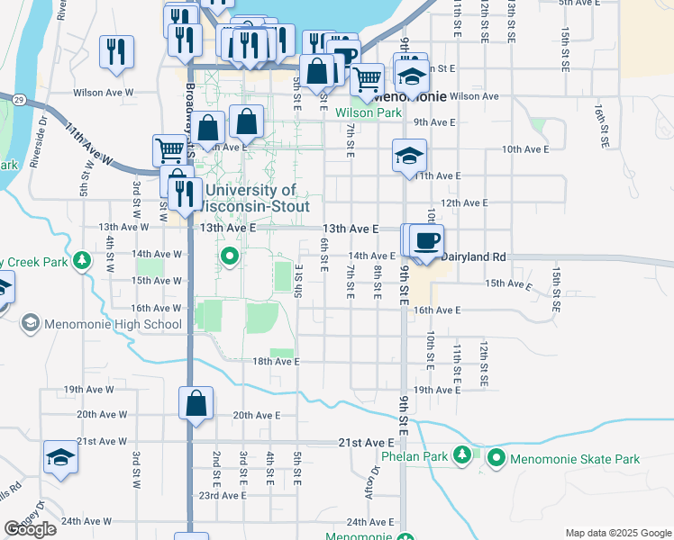 map of restaurants, bars, coffee shops, grocery stores, and more near 1412 6th Street East in Menomonie