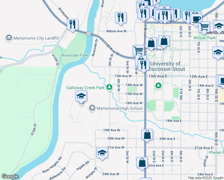 map of restaurants, bars, coffee shops, grocery stores, and more near 1416 5th Street West in Menomonie