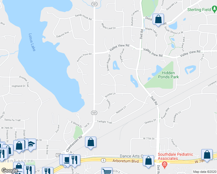 map of restaurants, bars, coffee shops, grocery stores, and more near 19025 Deerfield Trail in Eden Prairie